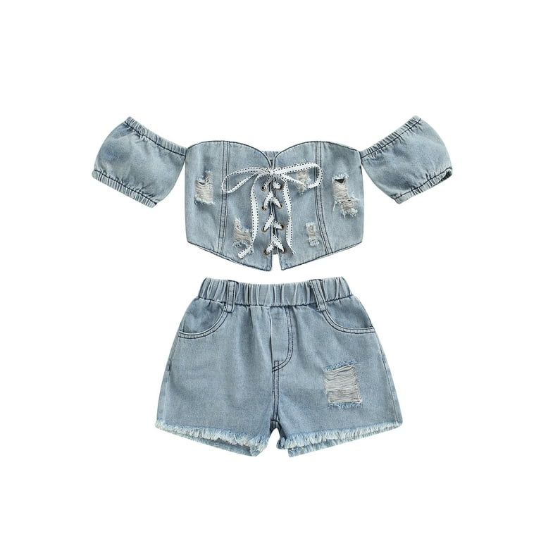 Madjtlqy Baby Girls Denim Clothing Sets 2Pcs Outfits Off Shoulder Vest Top  Shirt Ripped Jeans Toddler Girl Pants Clothes Set