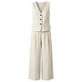 thumbnail image 5 of Womens 2 Piece Linen Set V-Neck Button Vest & High Waist Wide Leg Pants Casual Vacation Outfits White M, 5 of 5