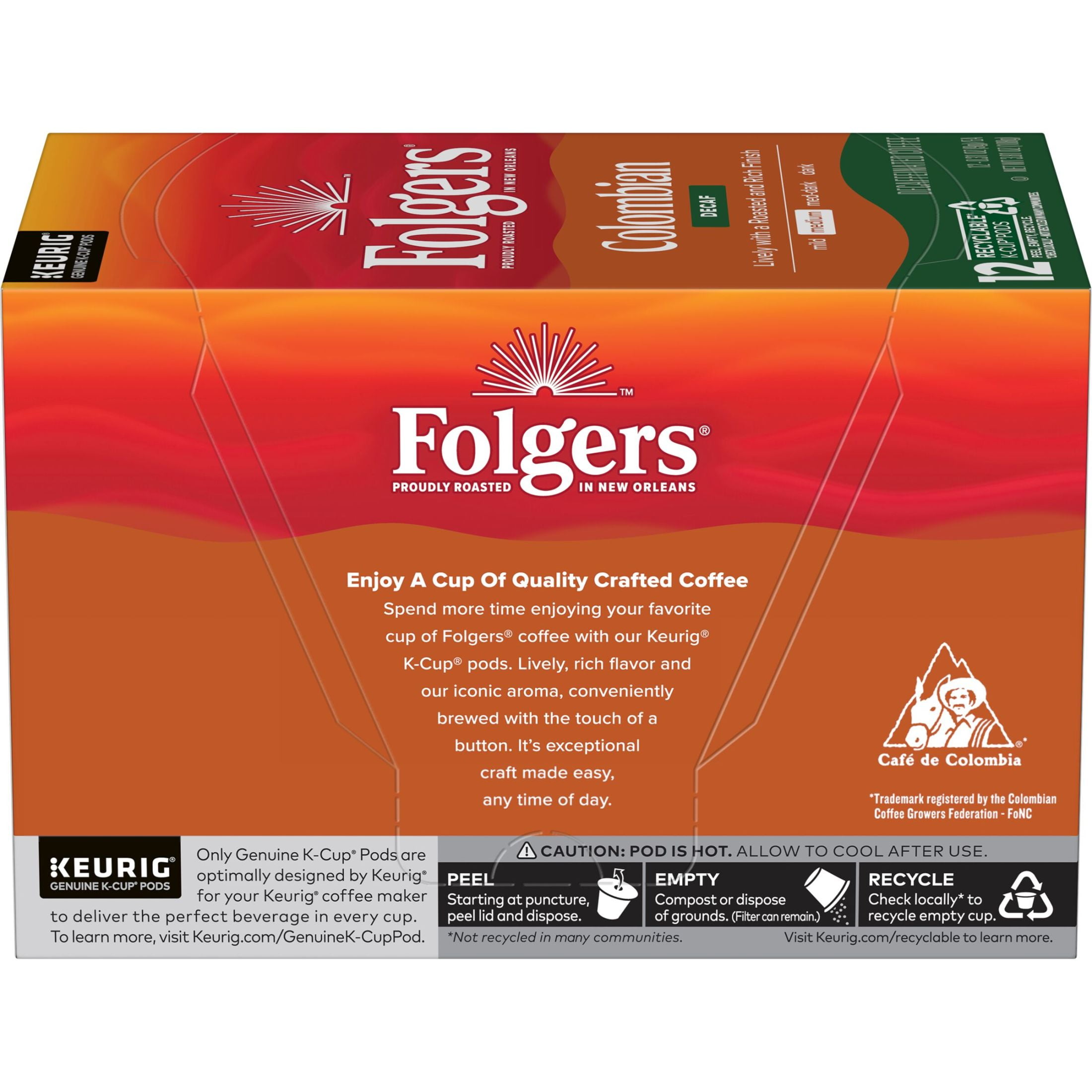 Folgers Colombian Decaffeinated Coffee, Medium Roast, Keurig K-Cup Pods, 12 Count Box