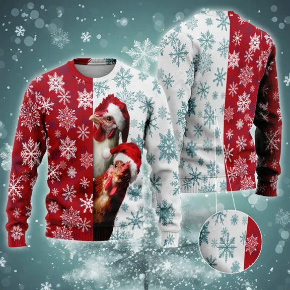 Funny Rooster 3d Christmas Sweaters For Men Women, Christmas Snowflakes All Over Printed Sweaters, Holiday Crewneck Unisex Pullover Sweater
