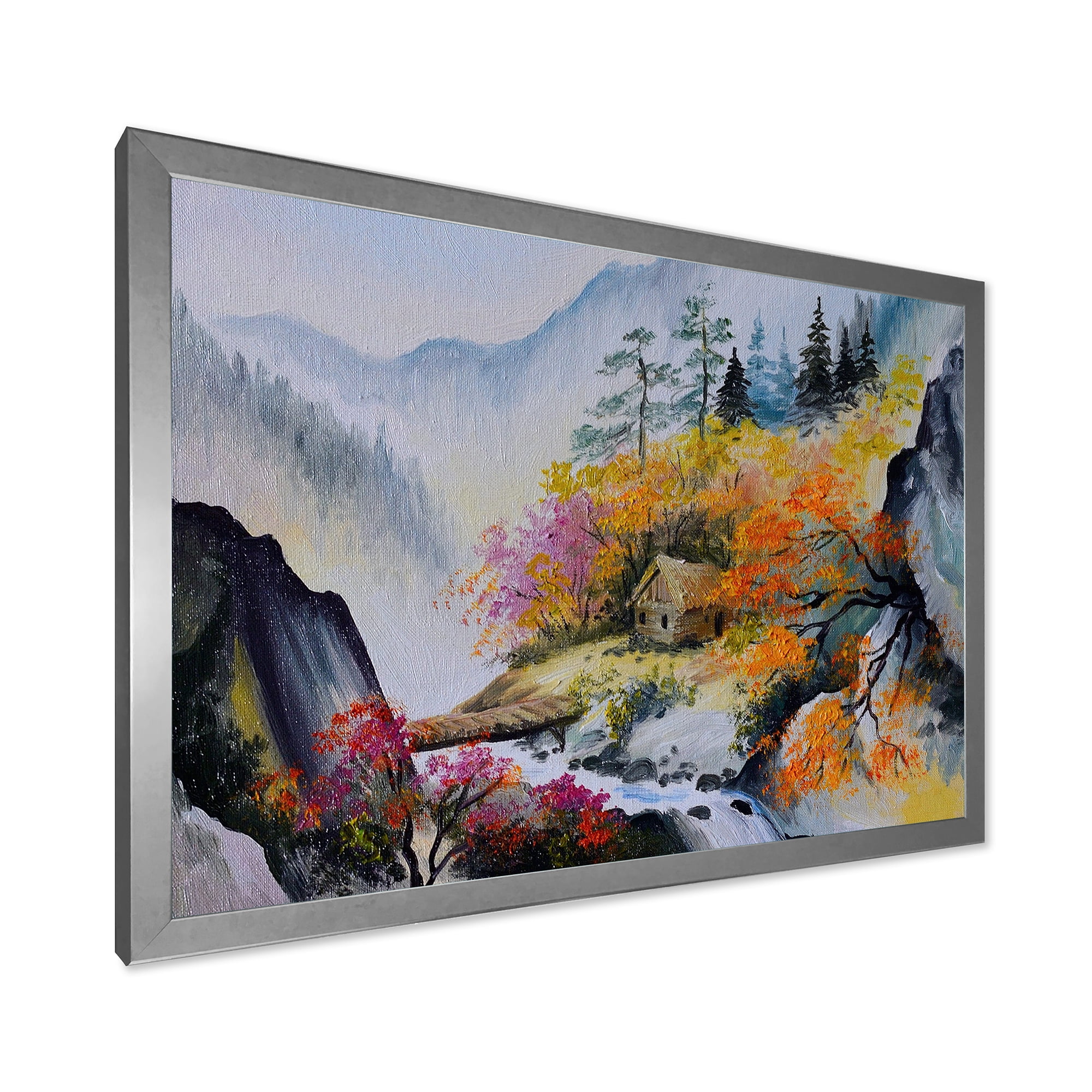 Designart 'VIbrant Mountain Landscape With Little House' Traditional Framed Art Print
