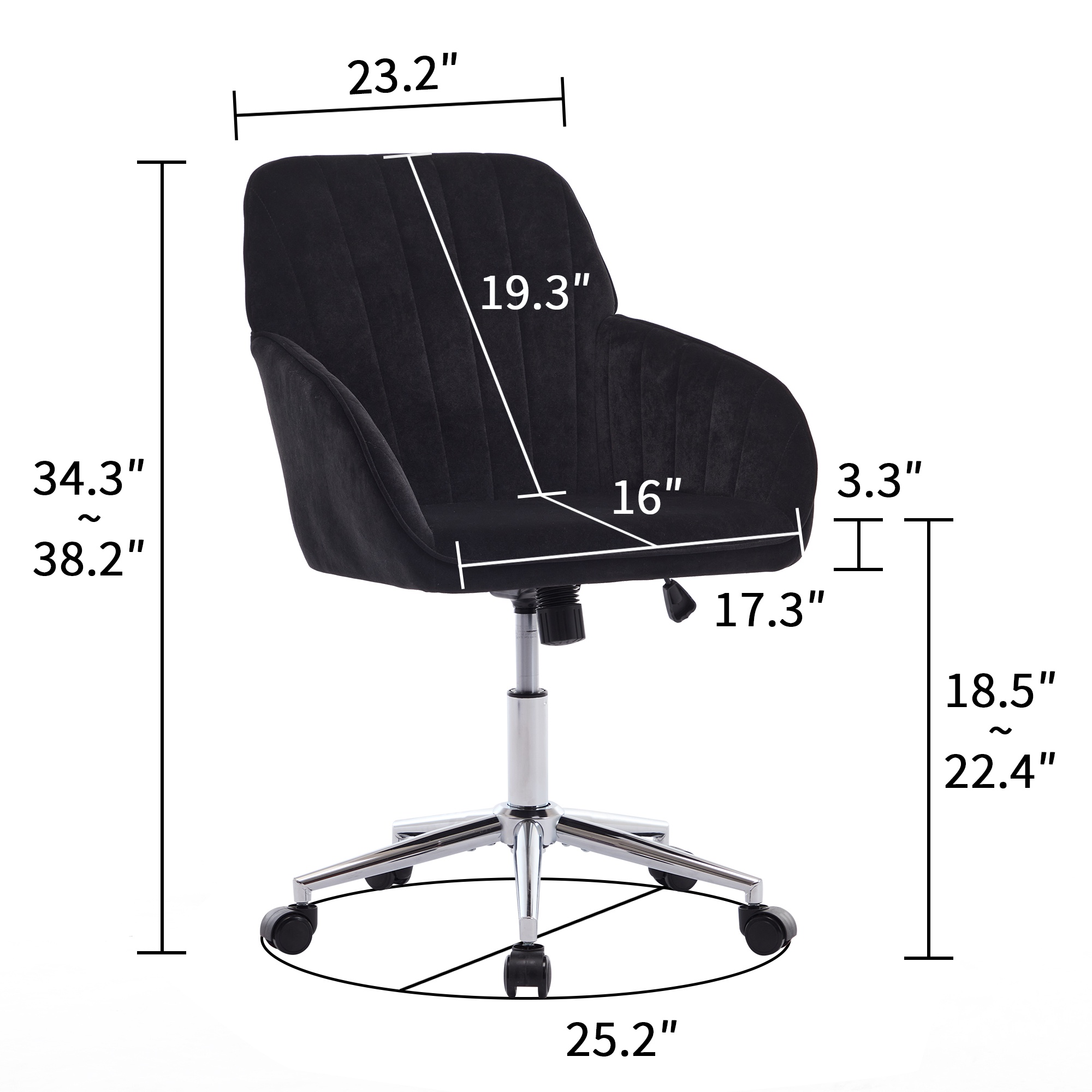PORKISS Vanity Chair, Swivel Home Office Chair, Ergonomic Desk Chair with Silver Metal Base, Adjustable Height, Velvet Upholstered Task Chair, Black
