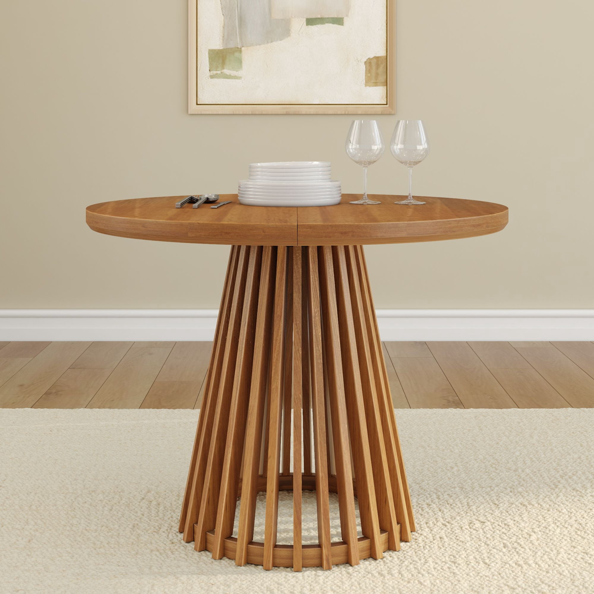 Plank+Beam 38" Lido Round Dining Table, Solid Wood Minimalist Kitchen Table for 4, Pecan