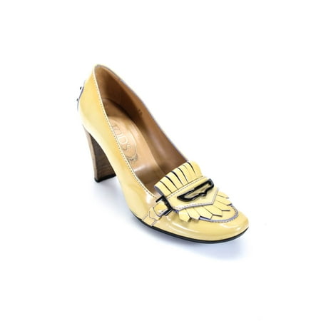 

Pre-owned|Tods Womens Block Heel Fringe Buckle Pumps Beige Patent Leather Size 7.5