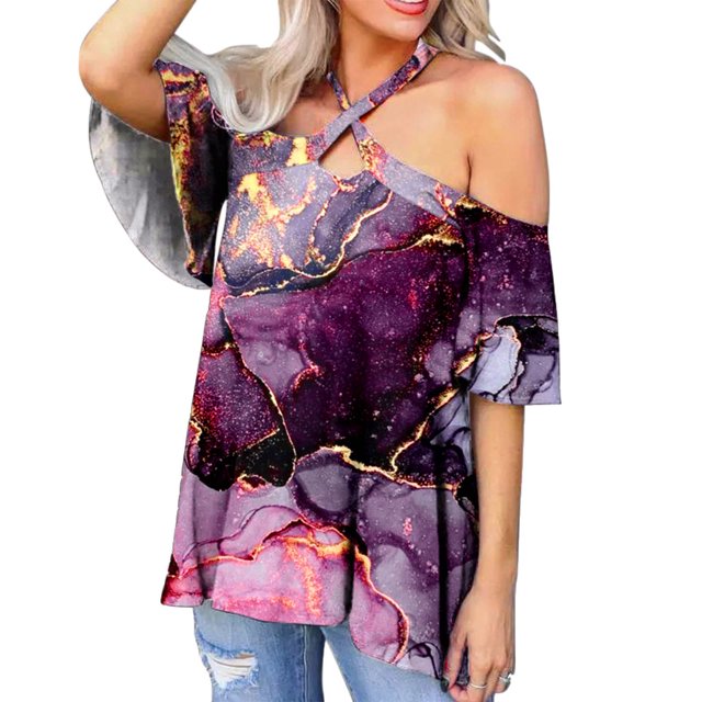 Mujeres Verano Sexy Cruz Halter Cuello Hombro Manga Corta Impreso Elegante Casual Túnica Camisas Tops Pompotops hfajkhk133259