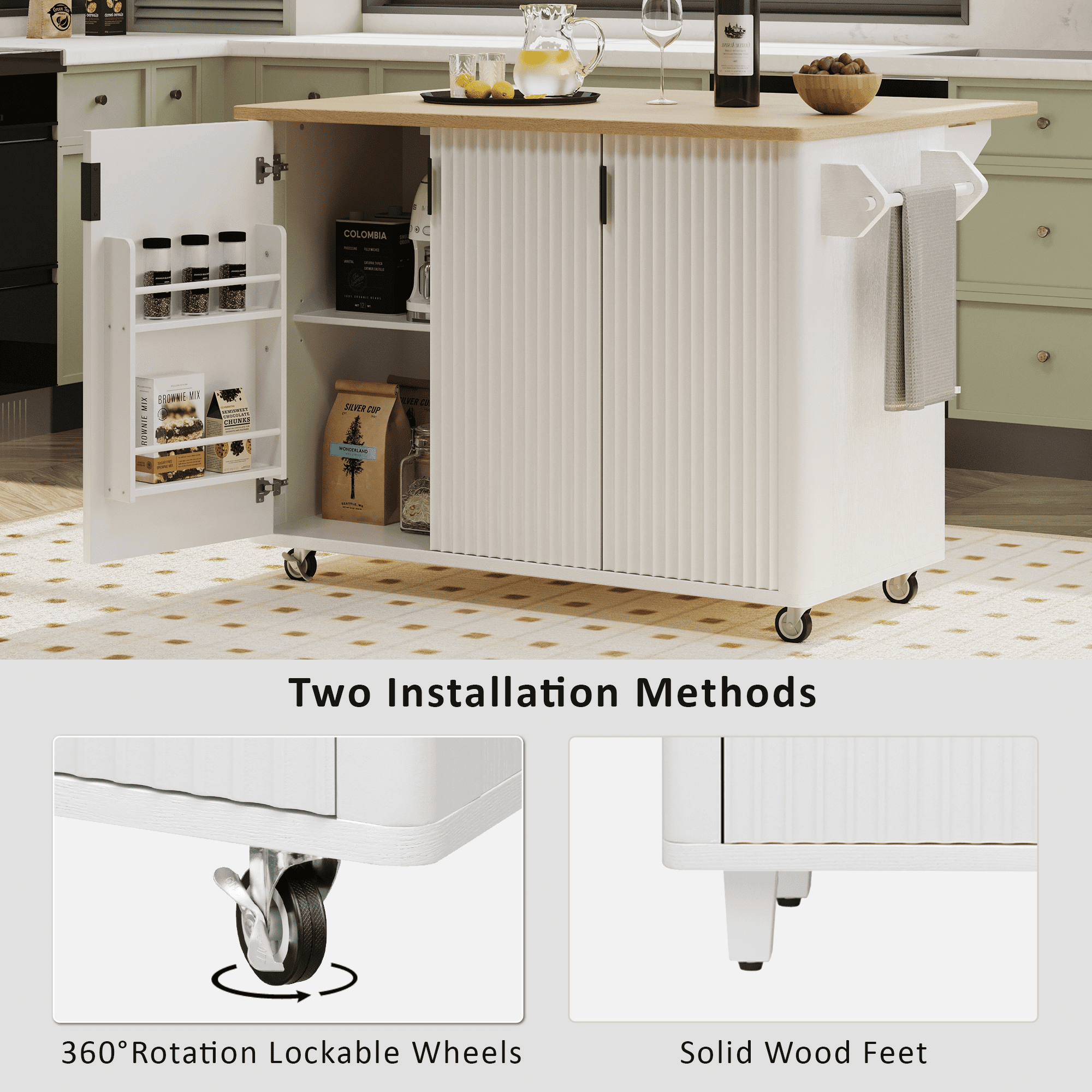 Aukfa Fluted Rolling Kitchen Island with Drop Leaf,Kitchen Cart with Storage Cabinet & Locking Casters, White