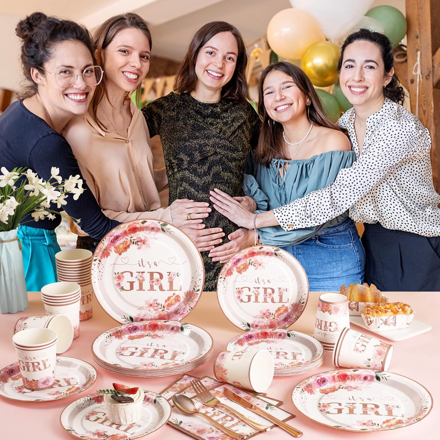 175 PCS Baby Shower Decorations for Girl, Floral Baby Shower Plates and Cups and Napkins Sets Serve 25, It's a Girl Plates Set for Baby Girl Gender Reveal Birthday Party Decorations