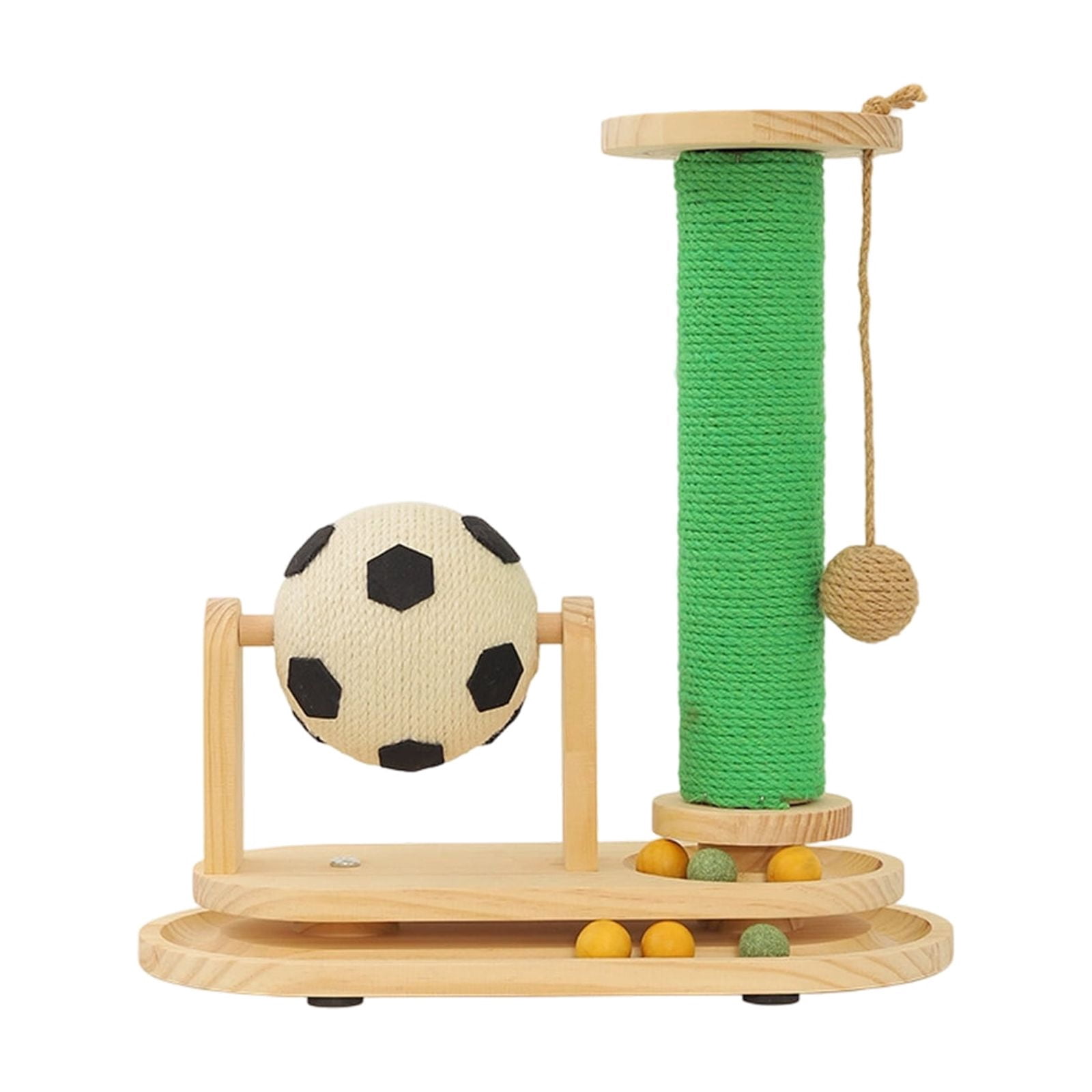 3-in-1 Cat Scratching Post with Interactive Toy Ball, Wooden Cat Toy Track with Sisal Soccer Ball, Indoor Cat Scratcher for Kittens & Adult Cats, Durable Natural Wood Cat Activity Center