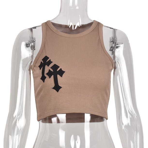 Top corto con estampado cruzado BoozRey Y2K para mujer, camiseta básica ajustada sin mangas con cuello redondo, ropa de calle para chicas, camisetas sin mangas góticas Vintage Tan Jianjun unisex