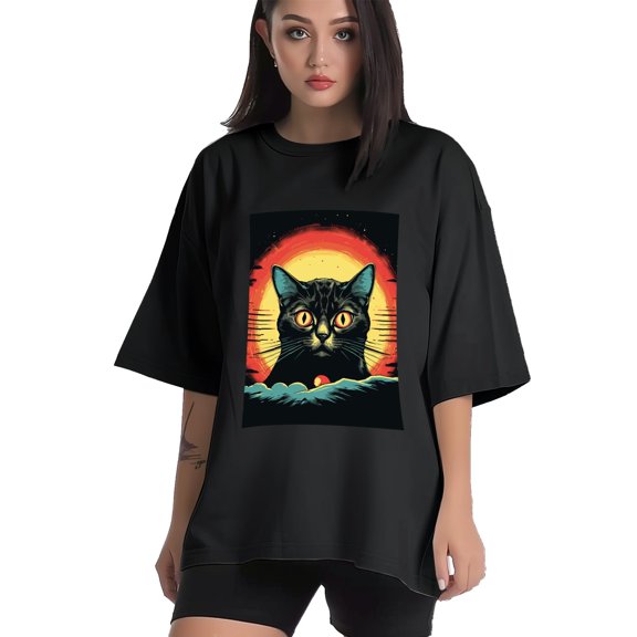 Plus Size Shirt for Women Black Tops for Women Short Sleeves Shirt for Women Retro Black Cat T Shirt Crewneck Shirt for Women XS