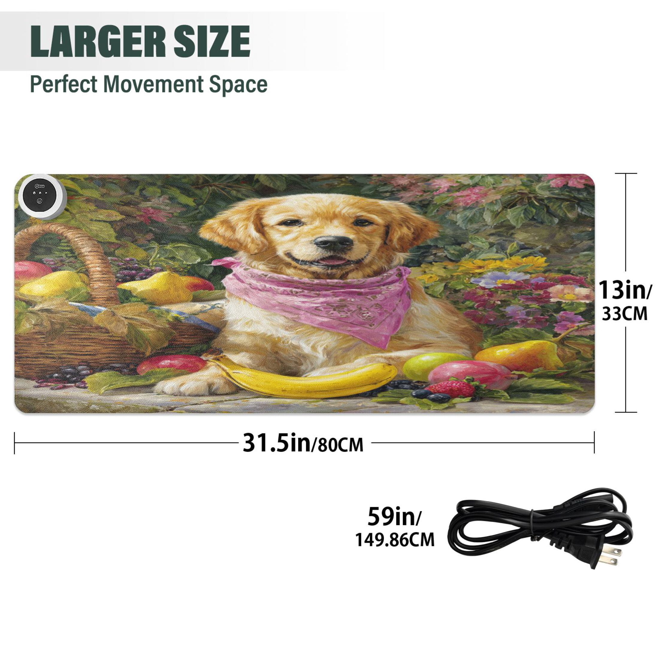 Large Heated Desk Mat Mouse Pad 31.5"x13"PU Leather Graphene Heating Desk Warmer with 3 Temperature Settings 110V US Plug Non-Slip Warm Pad for Home, Office, and Gaming Golden Retriever with Scarf