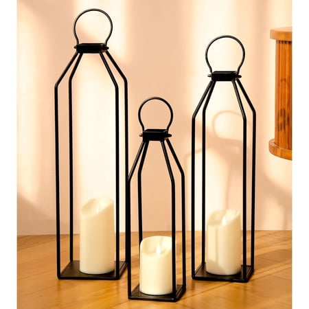 Perfnique Set of 3 Black Metal Lanterns w/ 6hr Timer Candles, Modern Farmhouse Lanterns Decorative for Outdoor Front Porch Patio Dining Table Decor