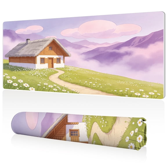 LIVEKEY XXL Mouse Pad Mountain Cottage Meadow 80x40cm Large Desk Mat Full Coverage Durable Easy Clean Non Slip Base with Stitched Edges for Gaming and Office Computer Use