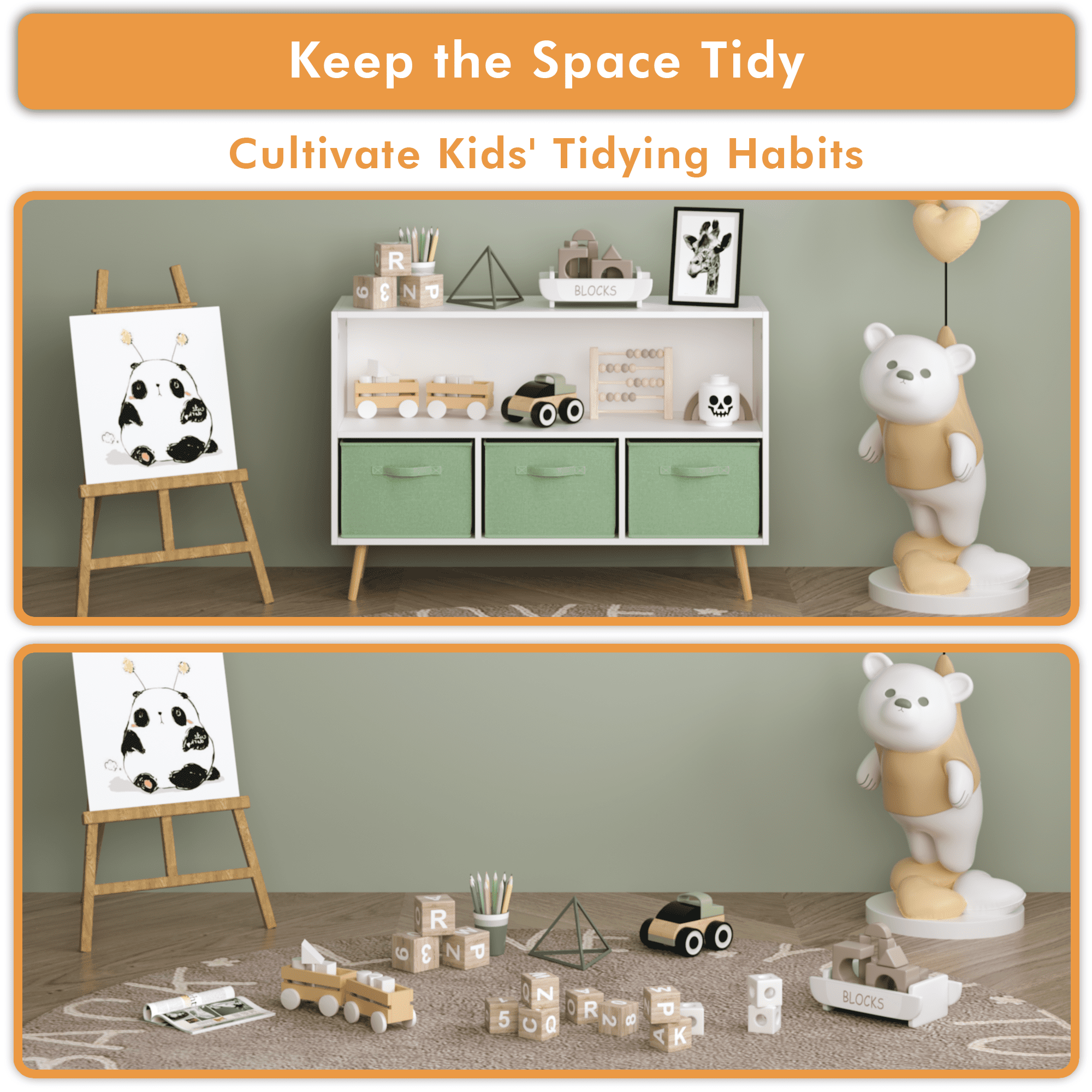 Leumius 4 Cube Kids Bookcase & Toy Storage Organizer with 3 Fabric Drawers for Playroom Storage,Green