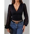 thumbnail image 4 of Womens Chiffon Bell Sleeve Blouse V Neck Peplum Waist Slim Fit Tshirt Elegant Casual Top Black XL, 4 of 9