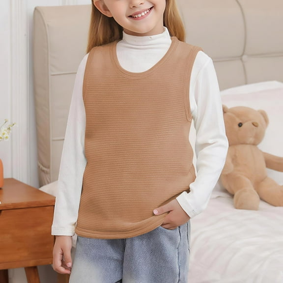 Tdoqot Girls Tank Tops Fleece Lined- Casual Sleeveless Warm Soft Kids Fall Winter Undershirts Khaki Size 4-14 T