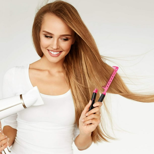 4Pcs Flat Iron Comb Straightening Comb Salon Hair Brush Combs Hairdressing Styling Hair Straightener V shaped Straight Comb Straightener Rose Red