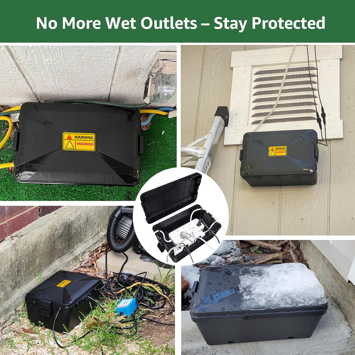 Greencycle Large Outdoor Electrical Box Waterproof (12.5 x 8.5 x 5 inch), IP54 Extension Cord Cover Weatherproof w7 Cable Seal Entry,Protect Outlet, Plug, Timer, Power Strip, Holiday Light, Black,4PK