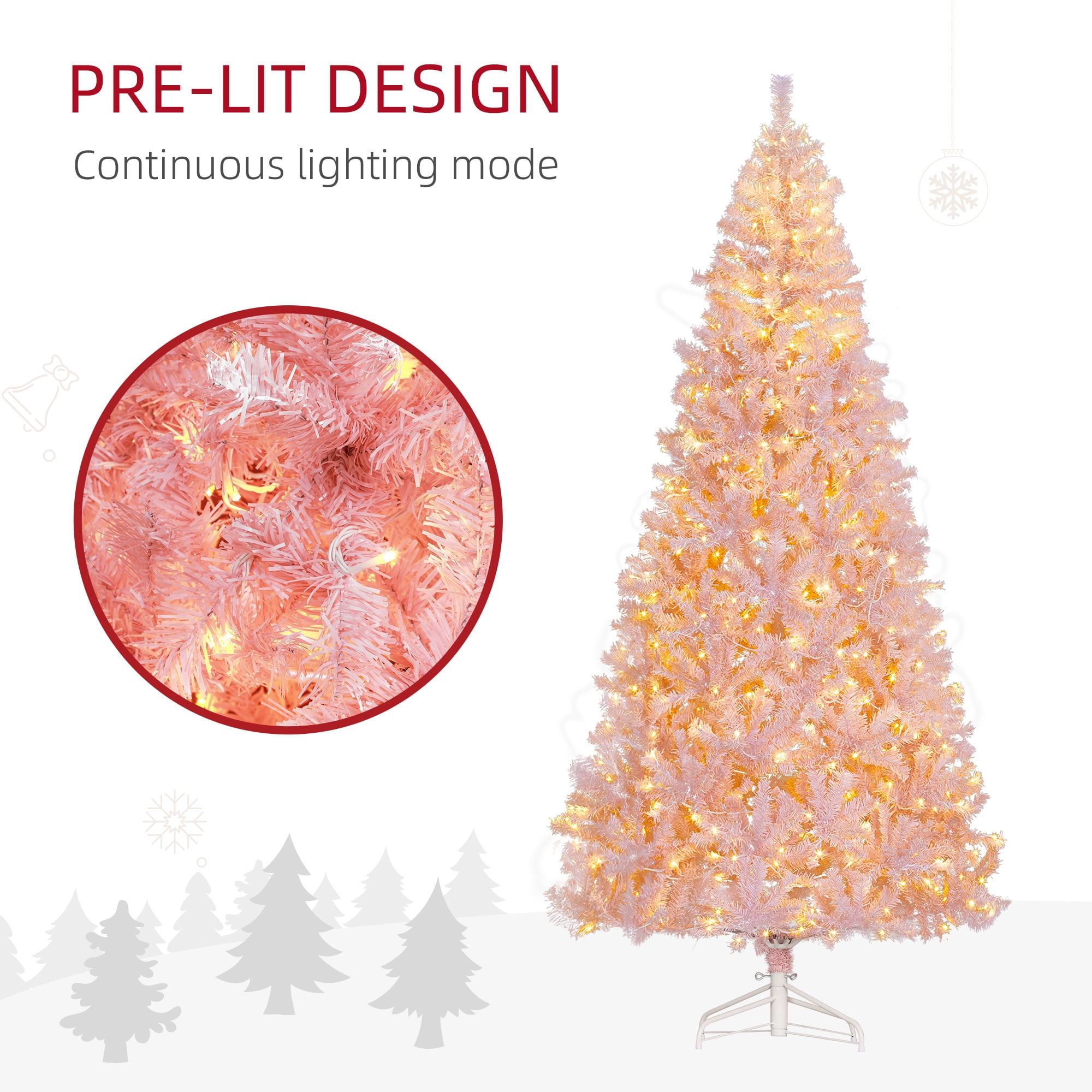 7.5ft Prelit Pink Christmas Tree 1346 Tips 500 Warm White LED Lights Metal Stand Indoor Decor