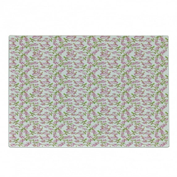 Cherry Blossom Cutting Board, Hand Drawn Cherry Blossom Flowers and Leaves on Tree Branches, Decorative Tempered Glass Cutting and Serving Board, Small Size, Pink Green and Brown, by Ambesonne