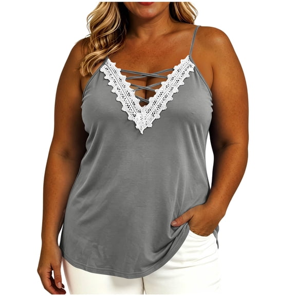 TEAJOPSUU Women's Plus Size Cami Tops Spaghetti Straps V Neck Sleeveless Tank Tops Trendy Lace Trim Crisscross Front Solid Summer Camisole Shirts Gray