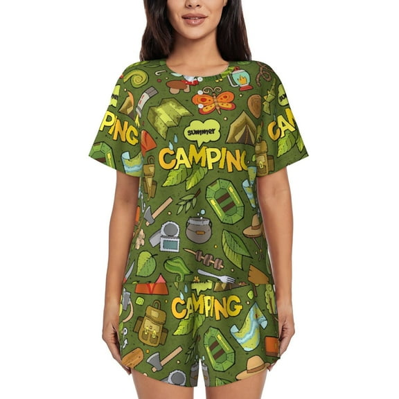 Logiee Camping 1 Print Womens Pajamas Set,Short-Sleeve Pajama 2 Piece Sleepwear with Pockets-Small