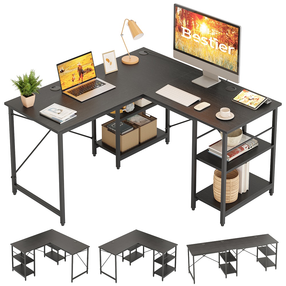 Bestier 86.6 inch L Shaped Desk with Shelves 2 Person Long Table Black - image 5 of 9