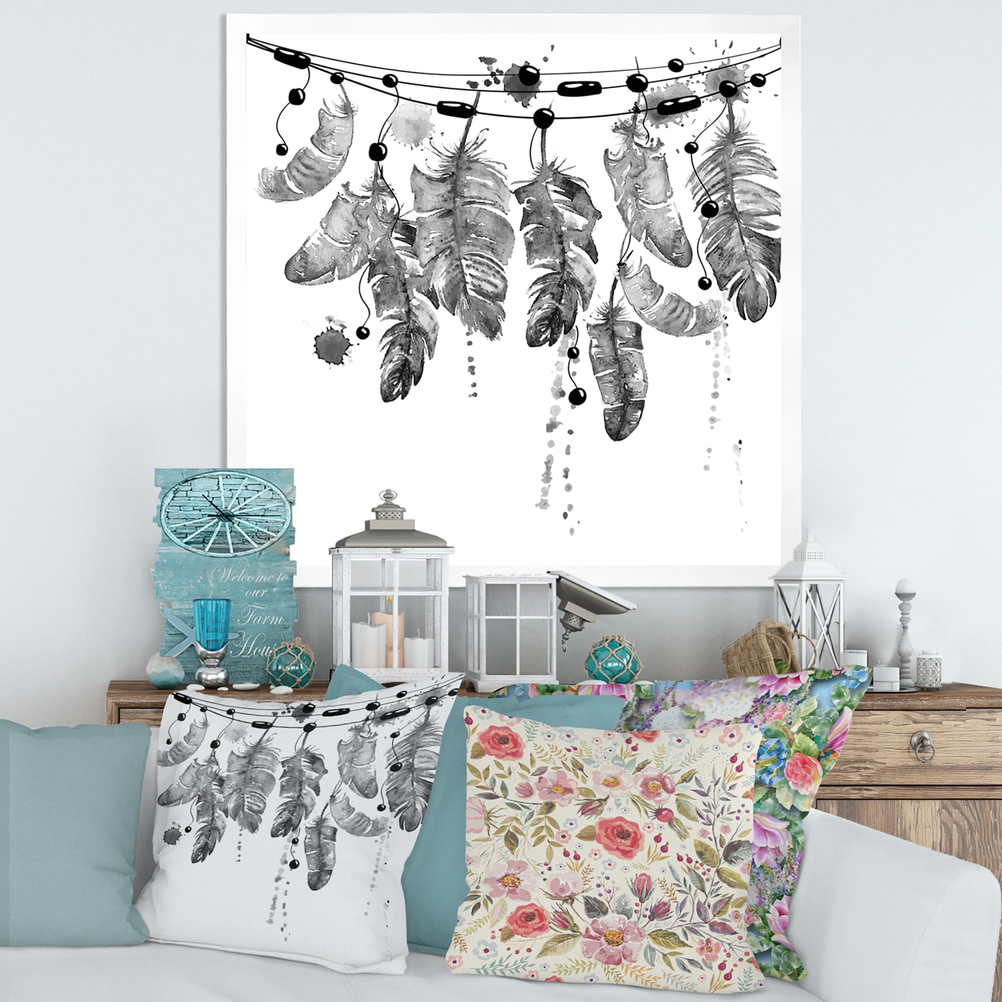 Designart 'Hanging Monochrome Bird Feathers' Bohemian & Eclectic Framed Art Print