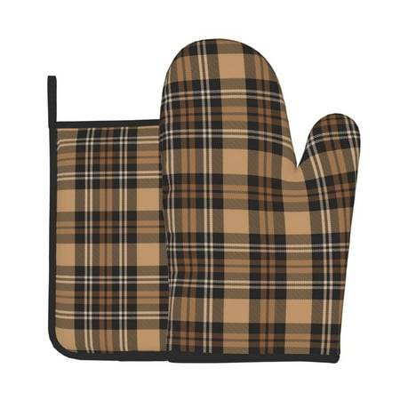 

Tebeau khaki coffee plaid Print Oven Mitts and Pan Racks 2-Piece Set Kitchen Oven Mitts and Pan Racks Heat Resistant 500 °F for Baking and Cooking