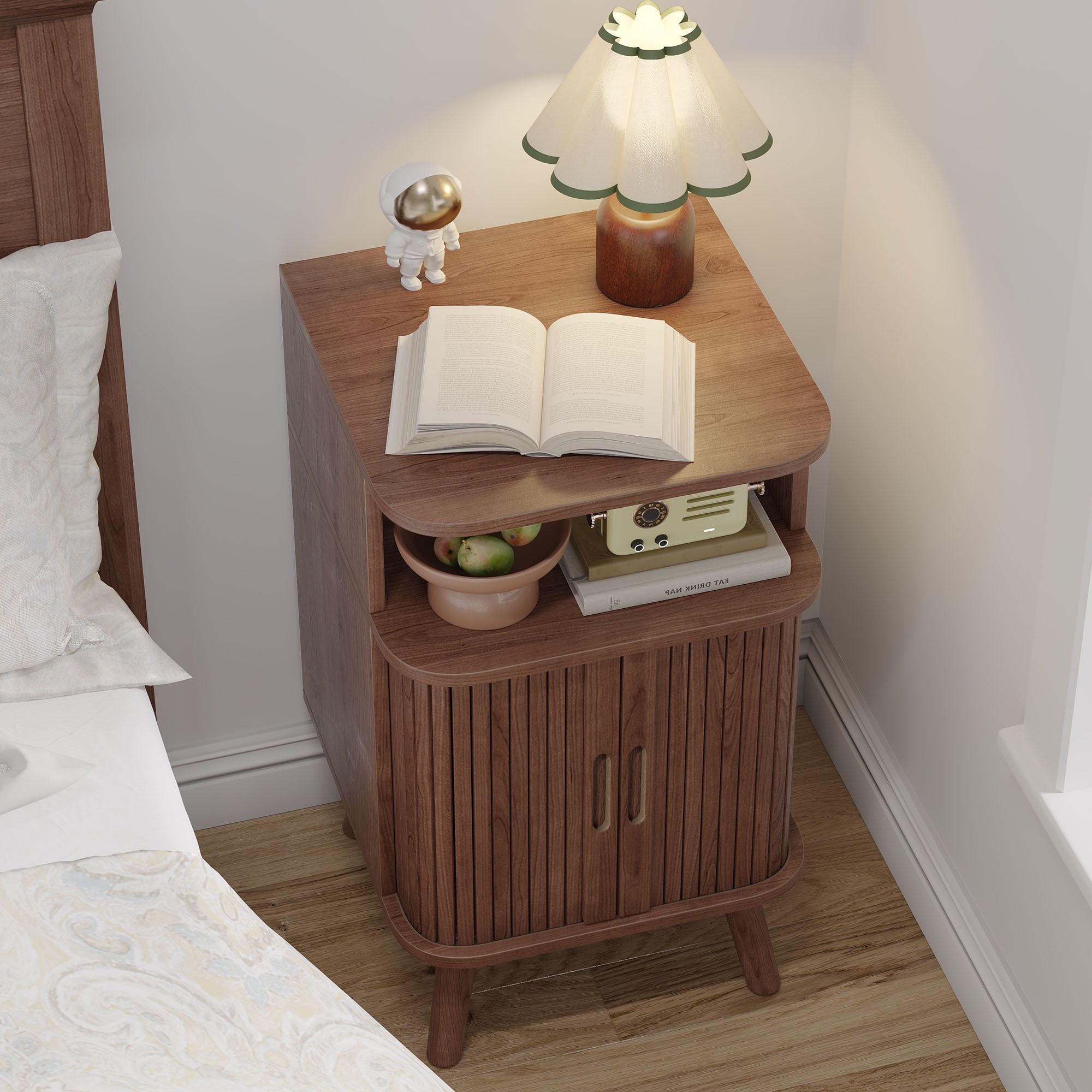 Fluted End Table with Storage,  Mid-Century Modern Wood Nightstand  with for Adult's Bedroom, Walnut