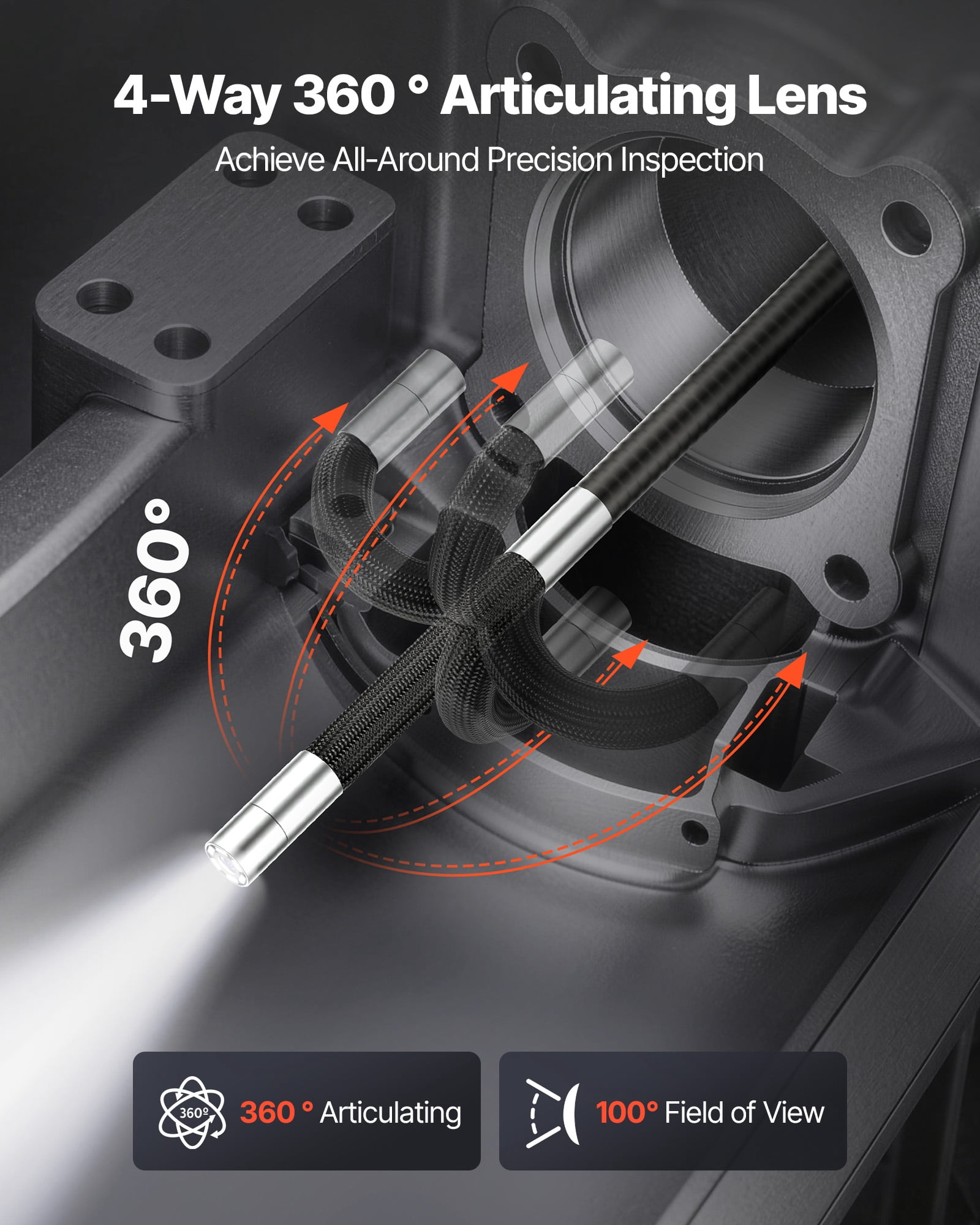 VEVOR 4-Way Articulating Endoscope with Light, True 1080P HD Industrial Borescope Inspection Camera with Articulated Probe, Flexible Snake Scope Cam for Wall Automotive Engine Inspect-4.9FT
