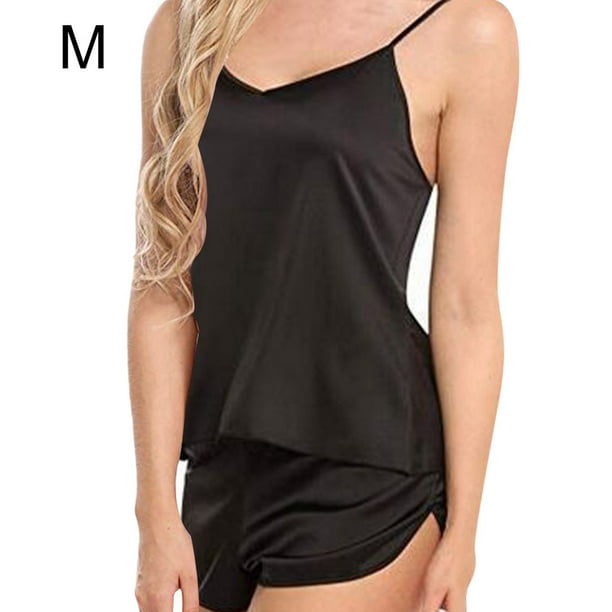 Conjunto de pijama sin mangas con tirantes y pantalones cortos con cuello en V para mujer, negro, M tholdsy AP001994-10