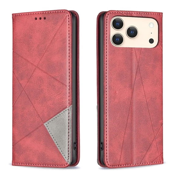 Case for iPhone 17 Pro Max,Rhombus Pattern Flip Wallet Leather Case with Card Holder Magnetic Closure Shockproof Kickstand Protective Phone Cases Cover,Red,For iPhone 17 Pro Max