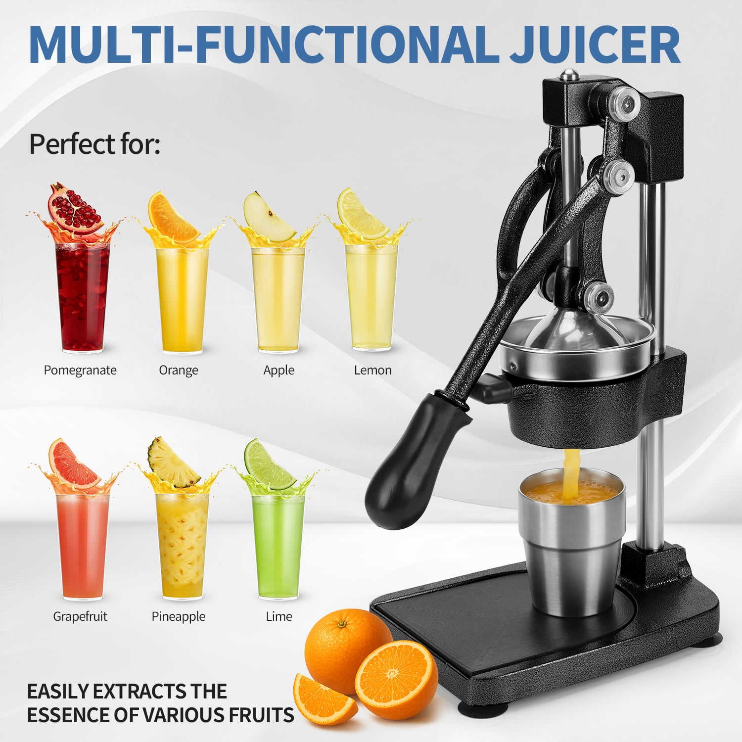 Yucurem Premium Cast Iron Juicer, Extra-Large, Heavy Duty, Commercial Grade, Stainless Steel Manual Juicer for Fresh Orange, Citrus, Pomegranate, Lemon (Black)