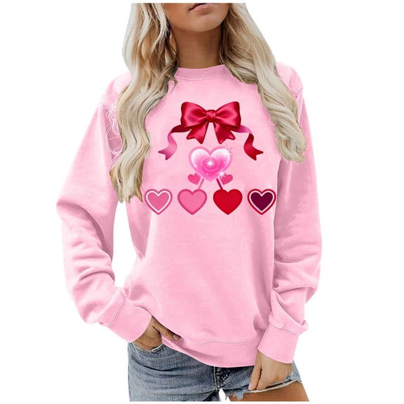 successthop Crew Neck Sweatshirts Women Valentine Day Bow Print Casual Clothes Long Sleeve Outfits Vacation Tops M