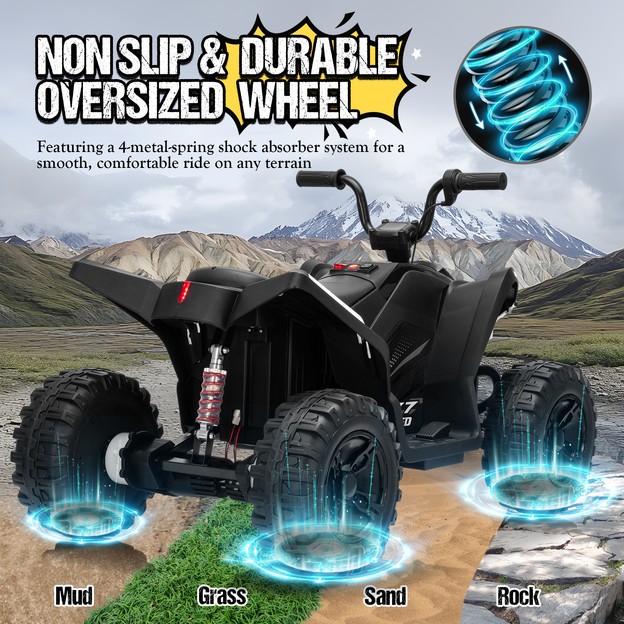 Kids ATV 4 Wheeler, Two Seater 24V Ride On Toy for Big Kid w/Unique LED Light, Music, Wireless, Story, 24 Volt Ride on Car Electric Quad for Boys Girls, Black