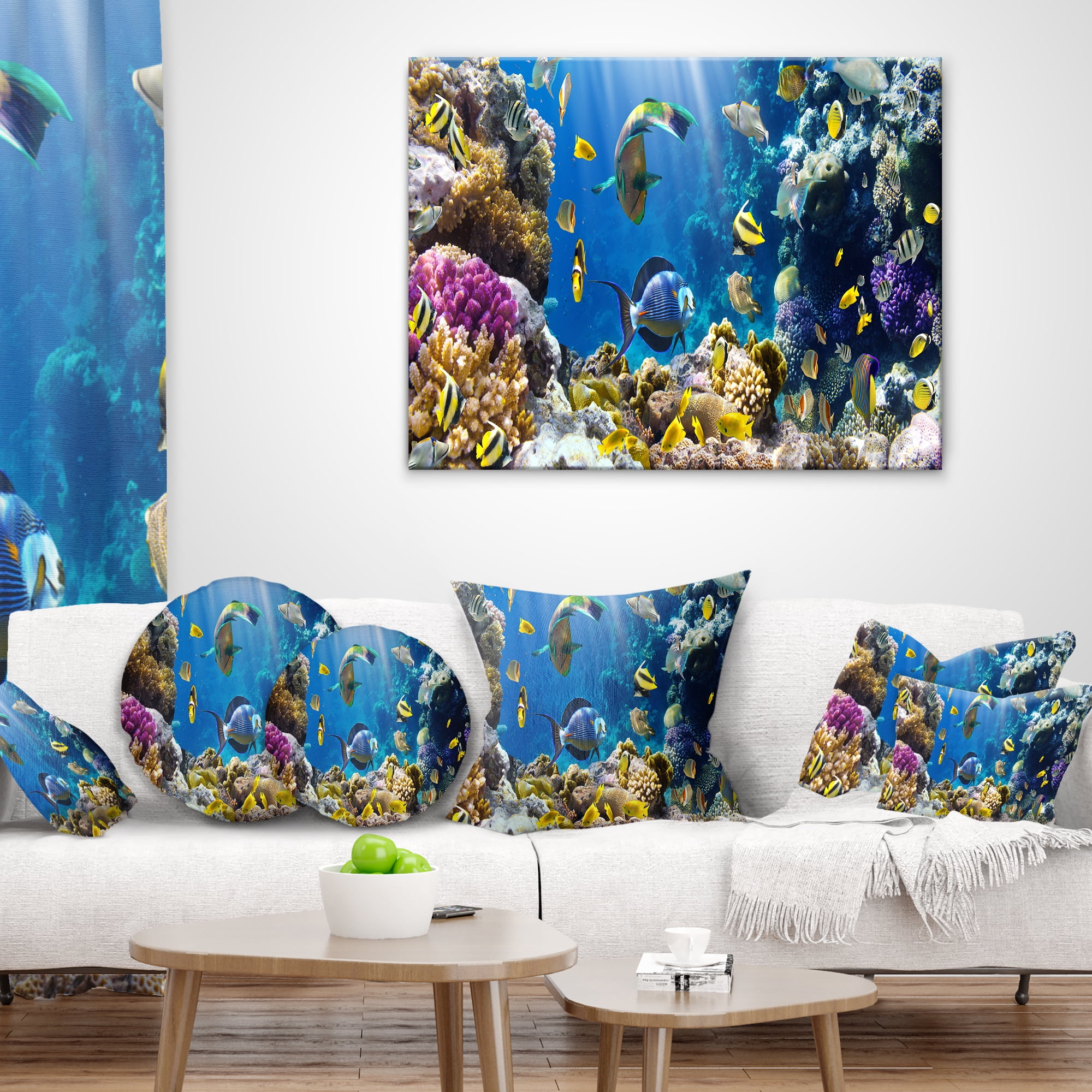 Designart Fish in Coral Reef - Seascape Photography Throw Pillow - 16x16
