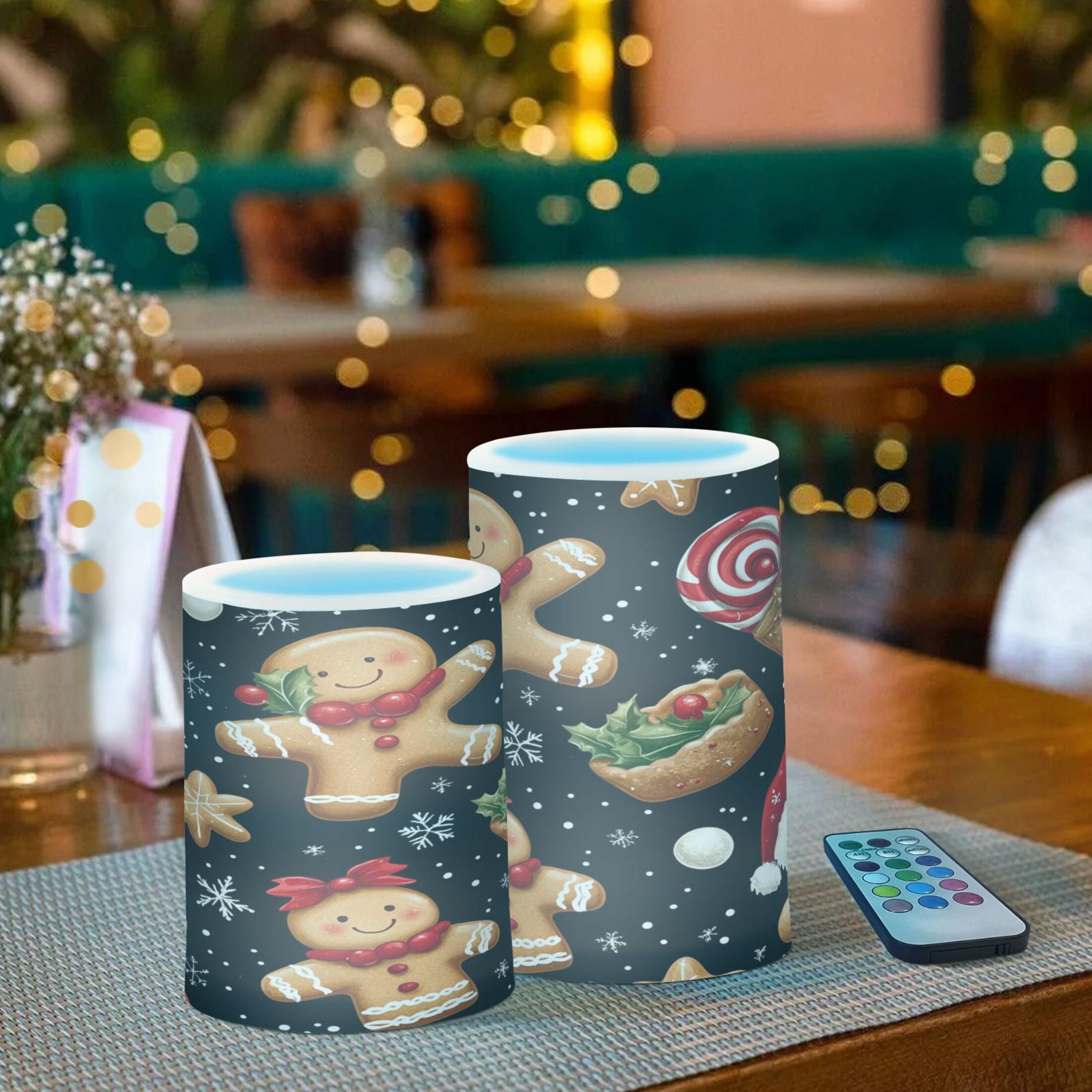 Christmas Gingerbread Men Set of 2 Flameless LED Candles Remote and Timer Indoor Outdoor