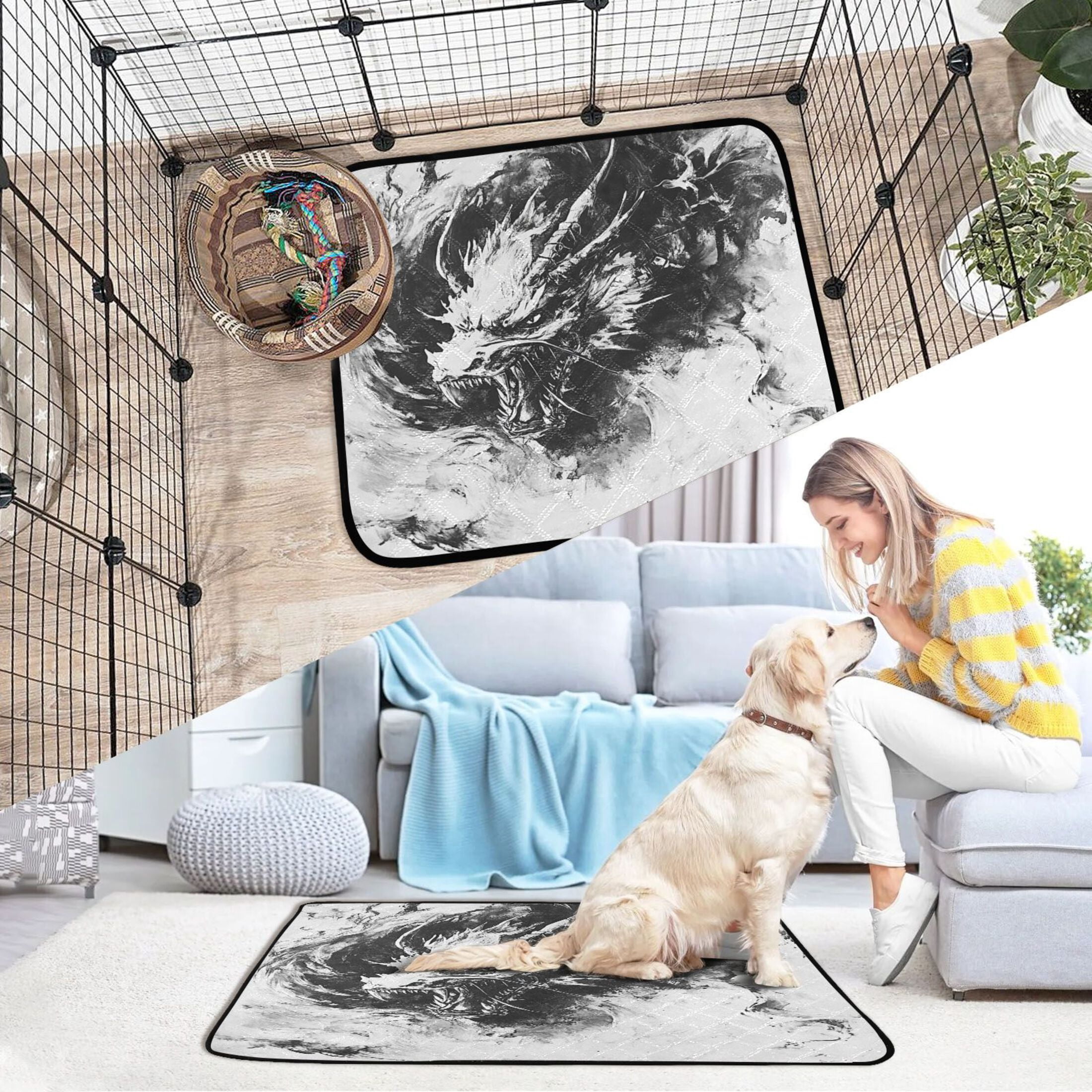 Qxltty Black Dragons Cat litter Pads Pet Set of 3 Diaper Mats Center Anti-leakage Layer Absorbent Soft and Comfortable