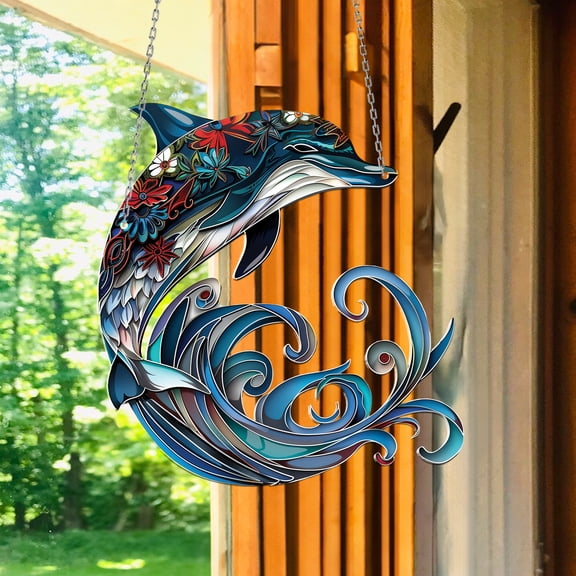 Dolphin Acrylic 2D Window Hanging, Ocean Wave Stained Glass Style Decor, Perfect Indoor Home Decoration Gift for Ocean Lovers and Nature Enthusiasts