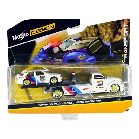 Flatbed Truck #22 White with Stripes and 1988 BMW M3 E30 #22 White with Stripes "Elite Transport" 1/64 Diecast Models by Maisto