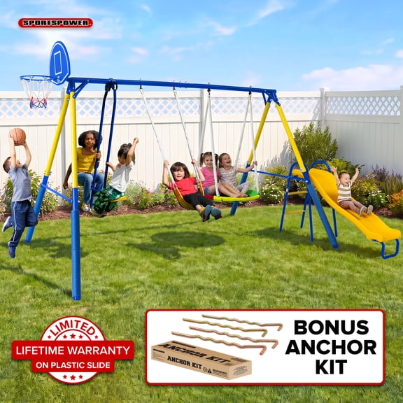 Sportspower Brookline 5-in-1 Metal Swing Set for Ages 3-8, Backyard Playset with 2-Person Saucer Swing, 2-Person Glider, Sling Swing, Basketball Hoop, Lifetime Warranty on 5ft Slide, Bonus Anchor Kit
