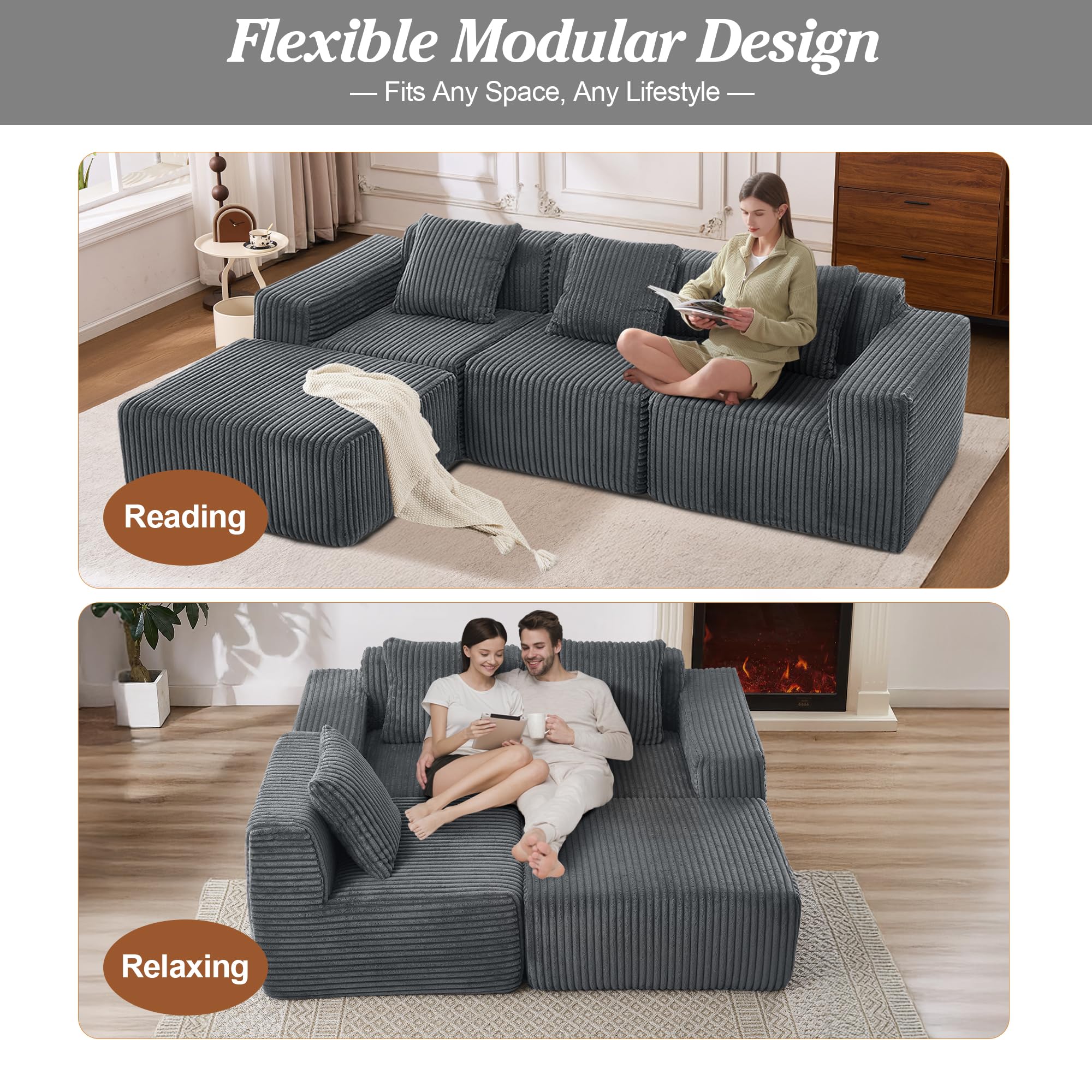 Upholstered Cloud Couch, Modern Minimalist Corduroy Couches for Living Room, Foam-Filled Compressed Sofa,No Assembly Required