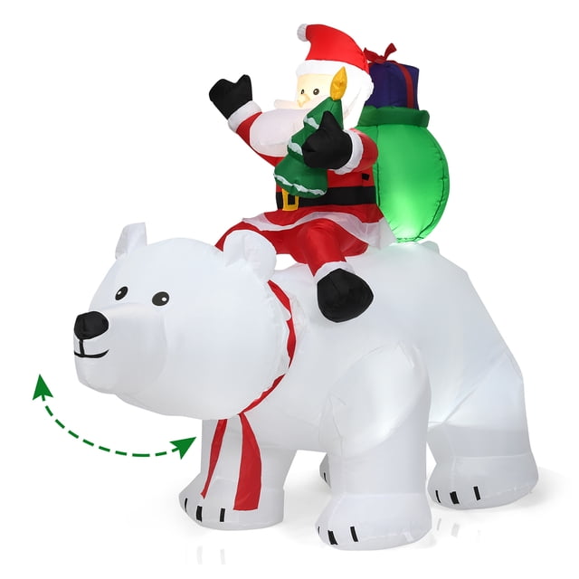 Costway Papá Noel sobre Oso Polar con Cabeza Rotativa Inflable Decoración con Poliéster Impermeable y Luces LED
