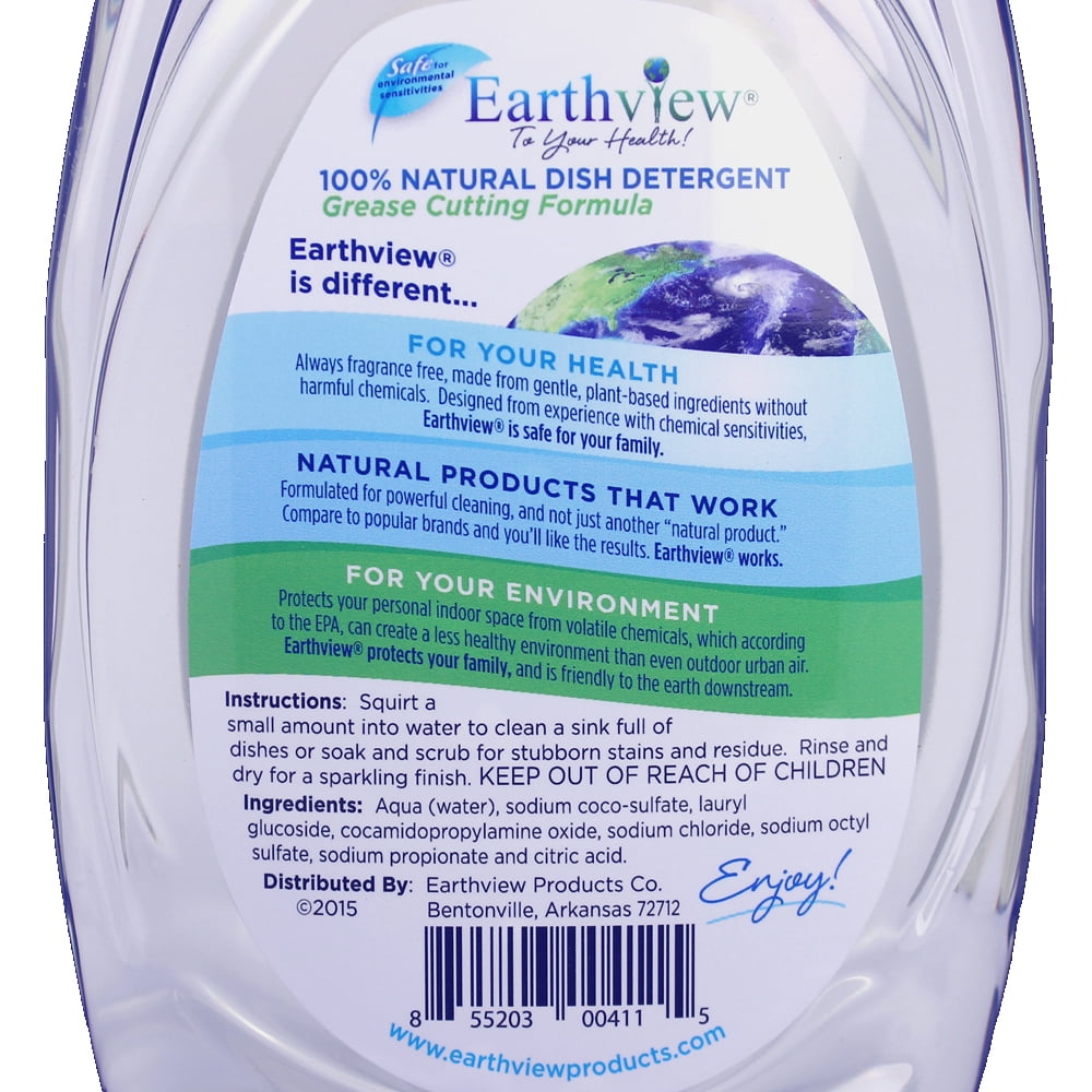 Earthview Dish Detergent, Fragrance Free 2 pk/ 24 oz- Designed for Environmental Sensitivities (MI, MCS, EI)