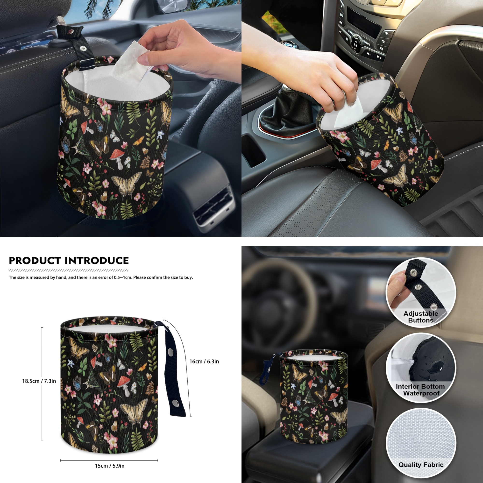 Yuyamidu Butterfly Car Seat Cover Protector Mushroom Steering Wheel Cover Seatbelt Pads Auto Armrest Cover Trash Bin Rearview Mirror Cover Handbrake Cover Set Coasters 14pcs Car Accessories Set