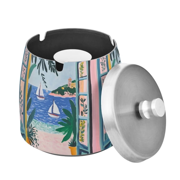 Yayeee Ashtray with Lid for Cigarette Smokeless Stainless Steel Home Ash Holder, Pink Seaside