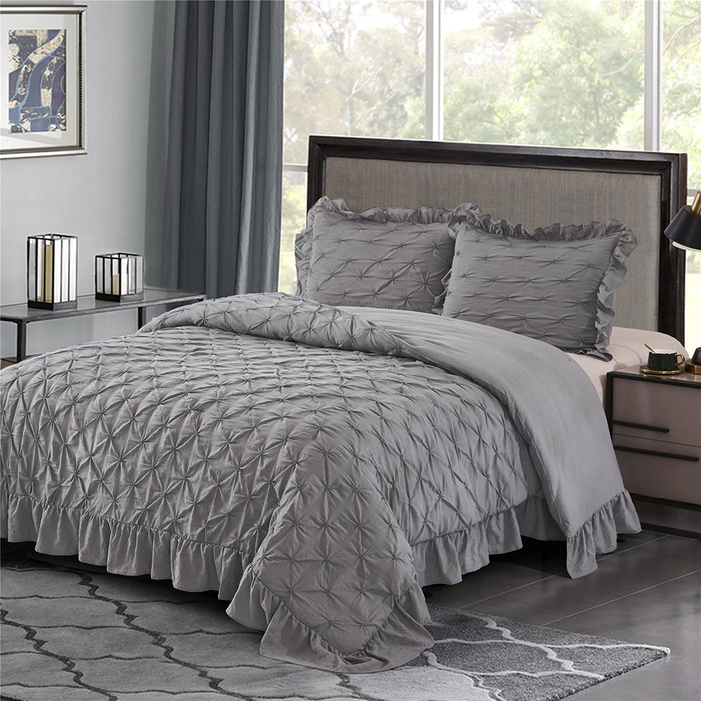 Shabby Chic Comforter Set Queen Gray Lace Ruffled Pintuck Pinch Pleat