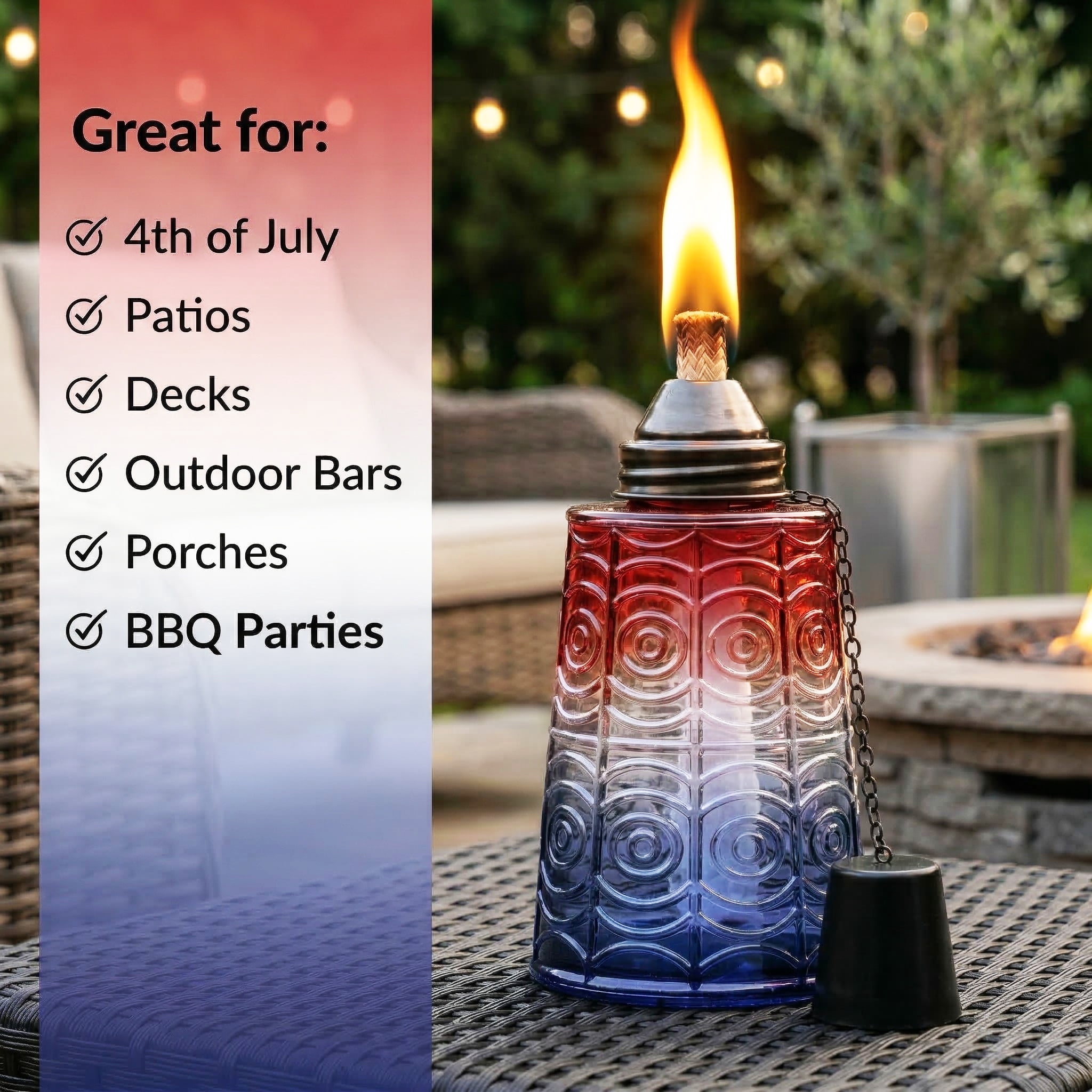 Seraphic Table Top Citronella Torches for Outdoor Patio, 16oz Decorative Glass Torch Citronella Oil Candles for Outside Deck, Garden, Parties, Set of 3, Red/White/Blue