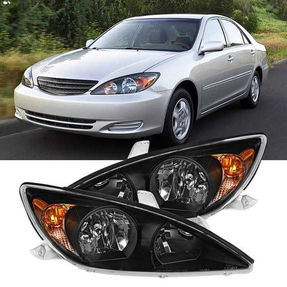 Nilight Headlight Assembly for 2002 2003 2004 Toyota Camry LE/XLE Headlamps Replacement Black Housing Amber Reflector Clear Lens Driver and Passenger Side